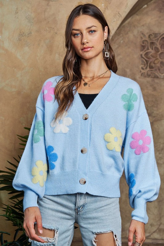 ADORA Flower Button Down Lantern Sleeve Cardigan