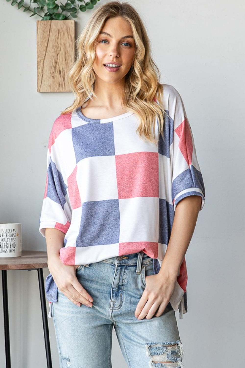 HOPELY Checkered Round Neck Half Sleeve T-Shirt *