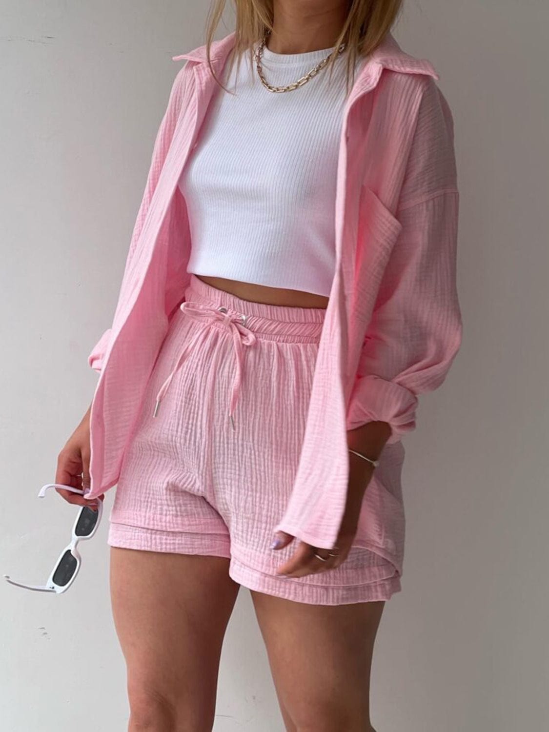 Full Size Texture Button Up Shirt and Drawstring Shorts Set