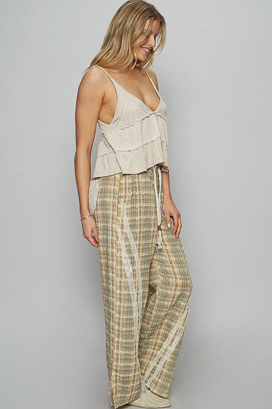 POL Lace Trim Drawstring Checkered Wide Leg Pants