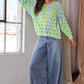 Davi & Dani Two-Tone Ribbed Hem Openwork Knit Top