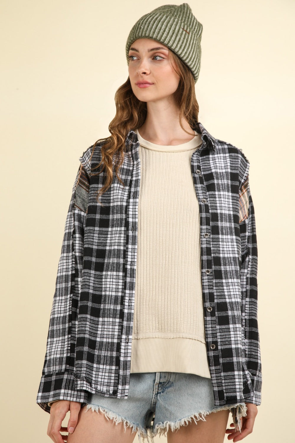 VERY J Contrast Plaid Raw Detail Shirt *