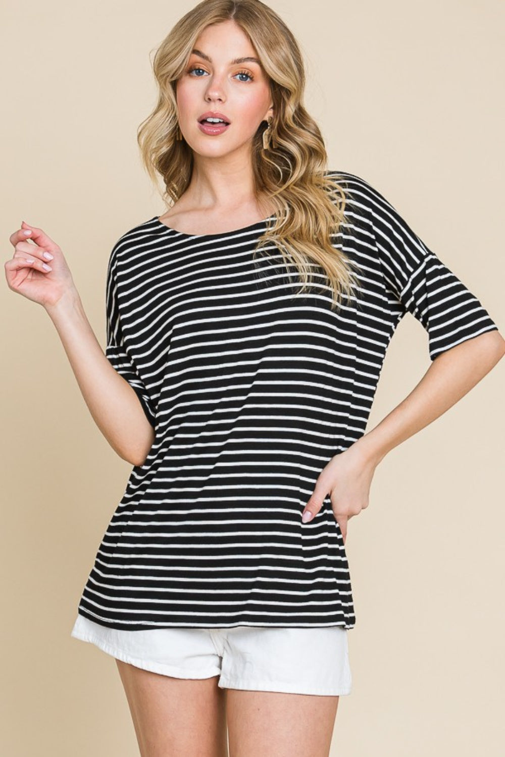 BOMBOM Striped Round Neck T-Shirt *