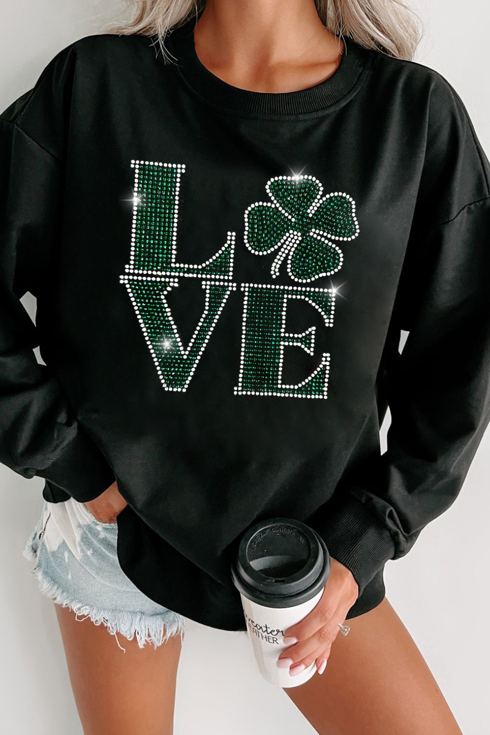 LOVE Rhinestone Clover Black Round Neck Sweatshirt