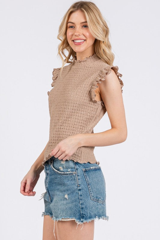 Ces Femme Texture Mock Neck Ruffle Cap Sleeve Blouse *