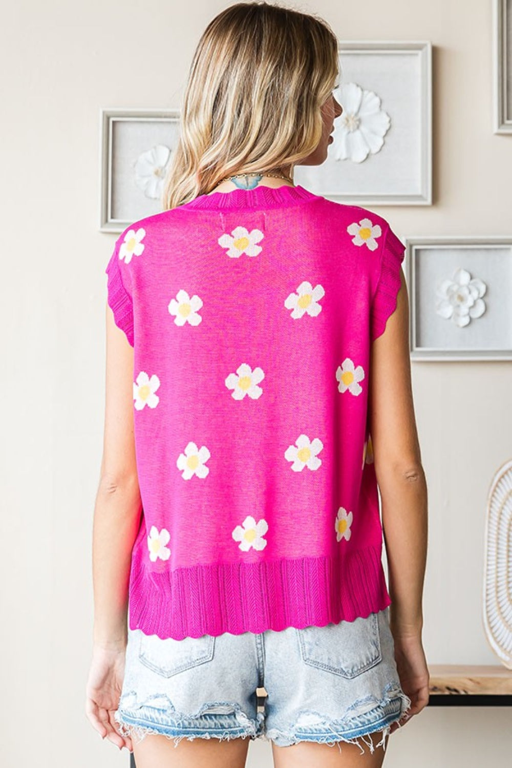 First Love Full Size Flower Pattern Round Neck Sweater Vest *