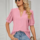 Eyelet Short Puff Sleeve Notched Neck Top