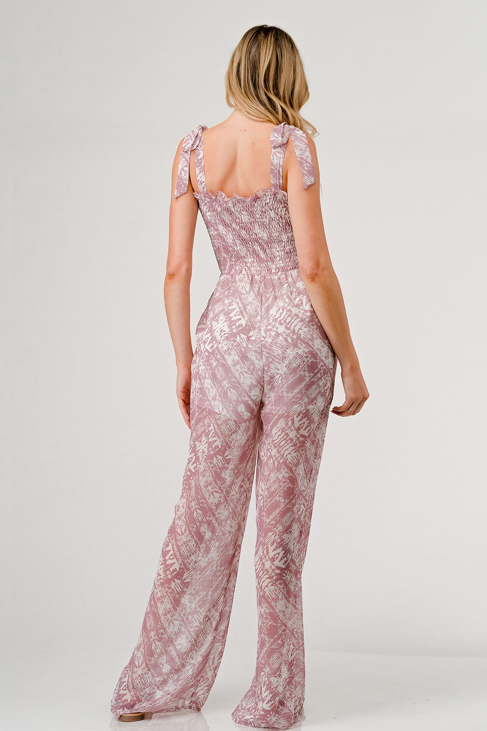 GeeGee Printed Tie Shoulder Wide Leg Jumpsuit *