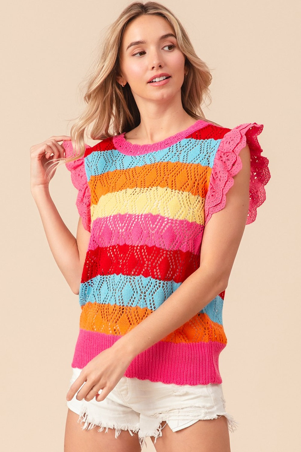 BiBi Pointelle Striped Ruffled Knit Top - Brand BiBi *