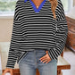 Lovelet Striped Johnny Collar Long Sleeve T-Shirt