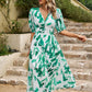 Smocked Printed V-Neck Half Sleeve Midi Dress
