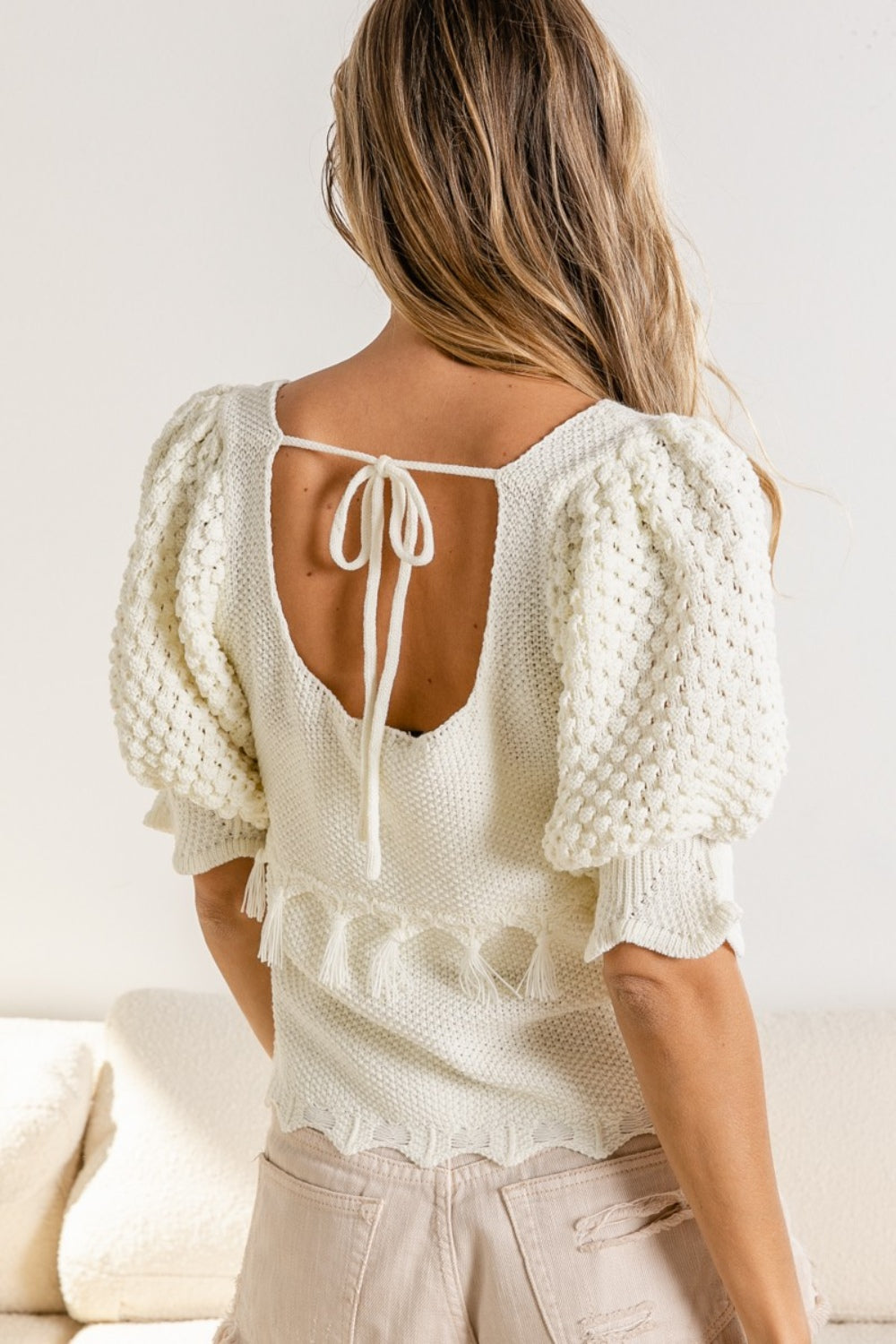 BiBi Tassel Detail Textured Square Neck Sweater *