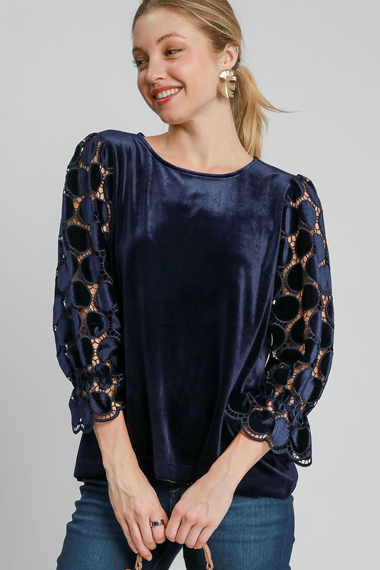 Umgee Polka Dot Lace Long Sleeve Round Neck Blouse