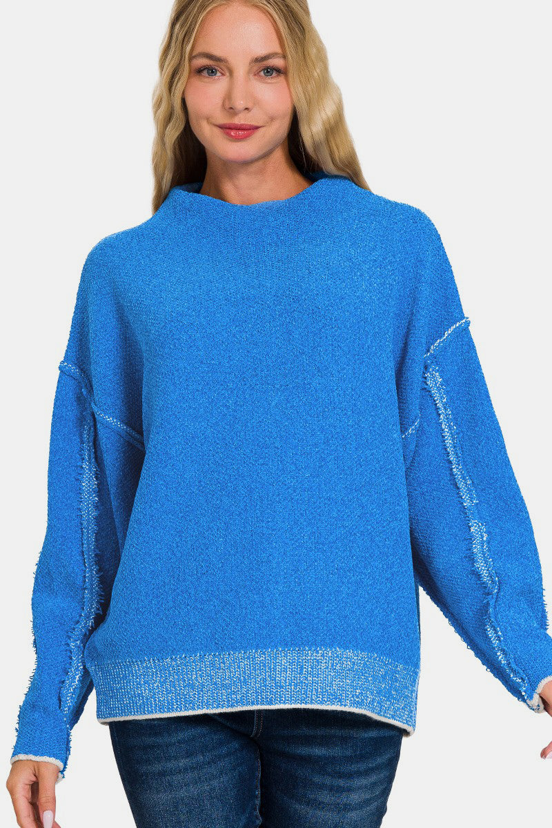 Zenana Exposed Seam Mock Neck Long Sleeve Sweater