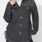 Raw Hem Pearl Trim Collared Neck Denim Top