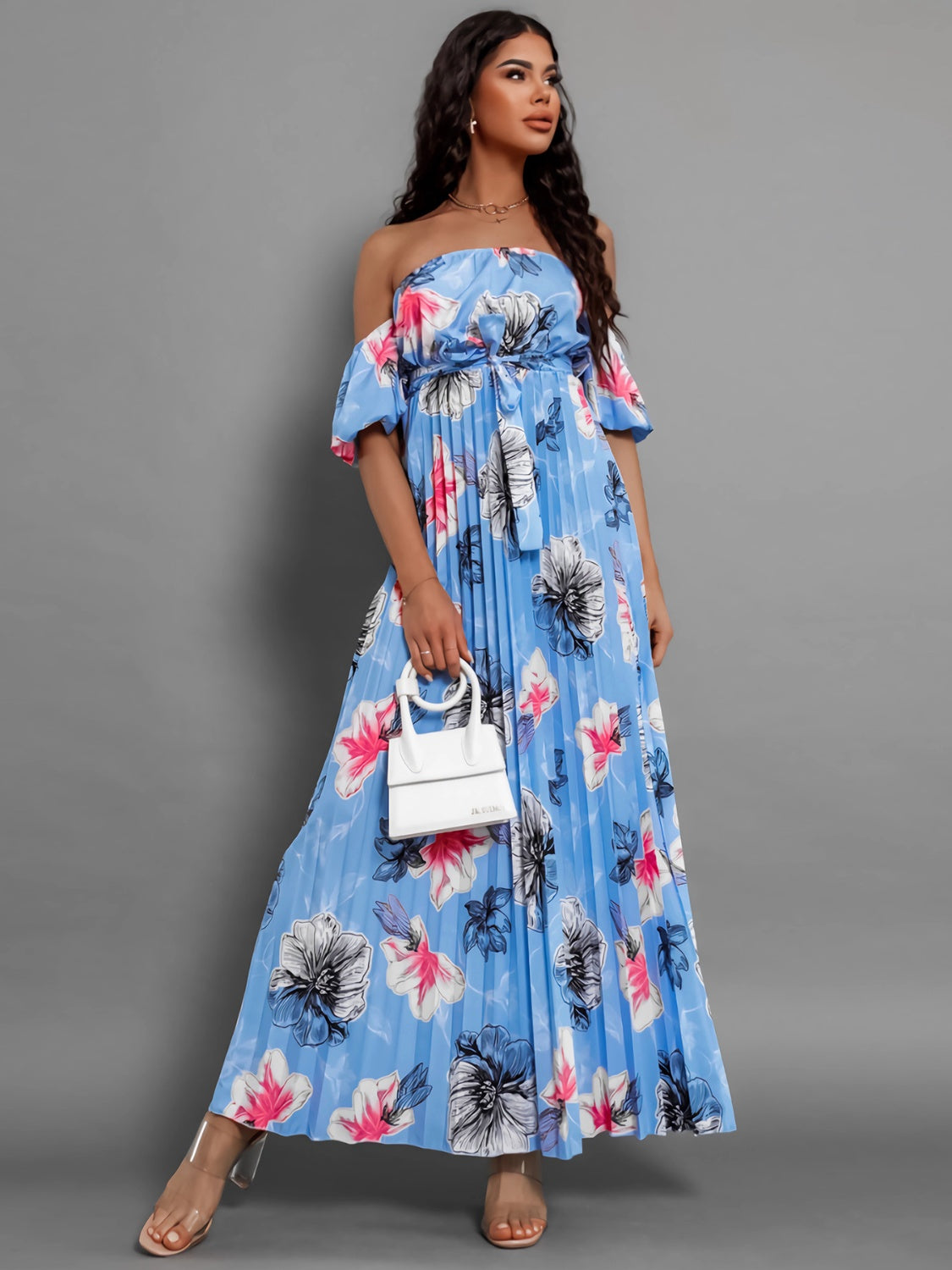 Full Size Pleated Floral Off-Shoulder Short Sleeve Midi Dress