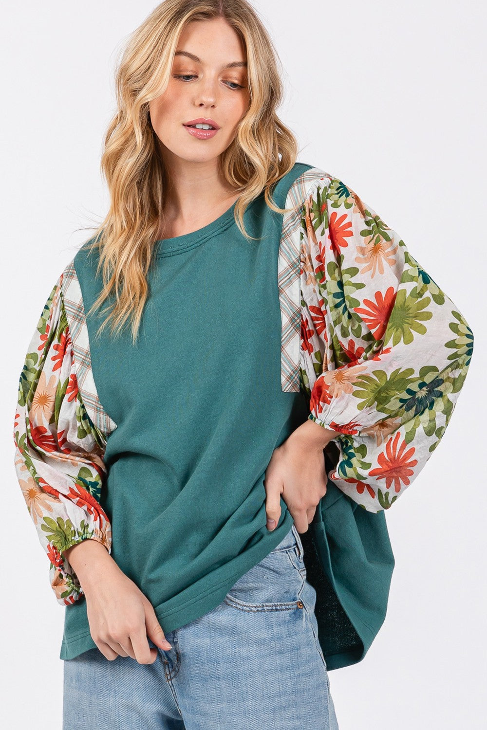 SAGE + FIG Full Size Printed Balloon Sleeve Contrast Top