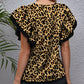 Leopard Round Neck Flounce Sleeve Blouse