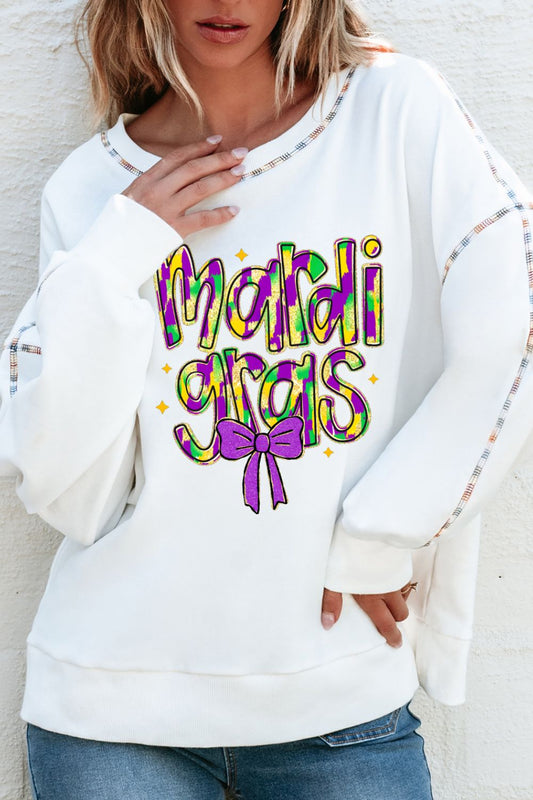 MARDI GRAS White Round Neck Long Sleeve Sweatshirt