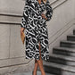 Printed V-Neck Long Sleeve Midi Dress
