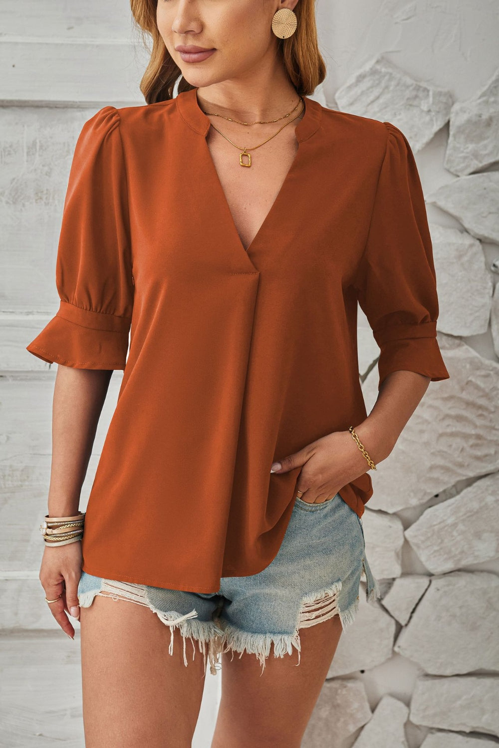 Full Size Notched Half Sleeve Blouse