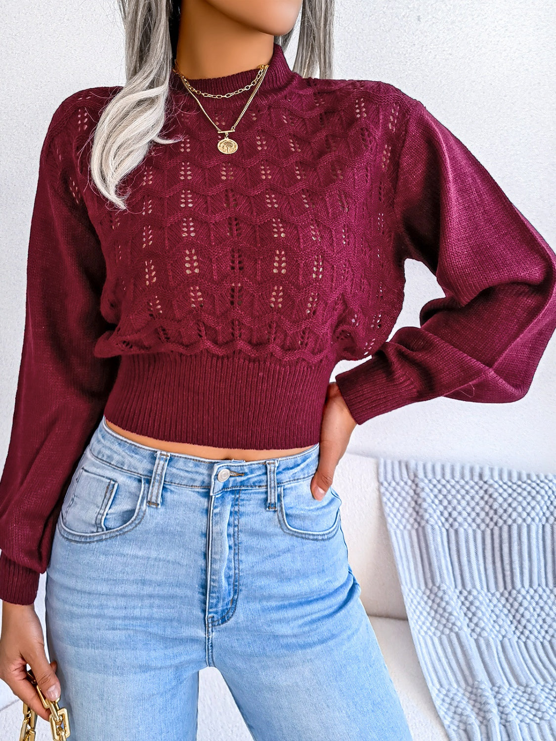 Openwork Mock Neck Long Sleeve Cropped Sweater