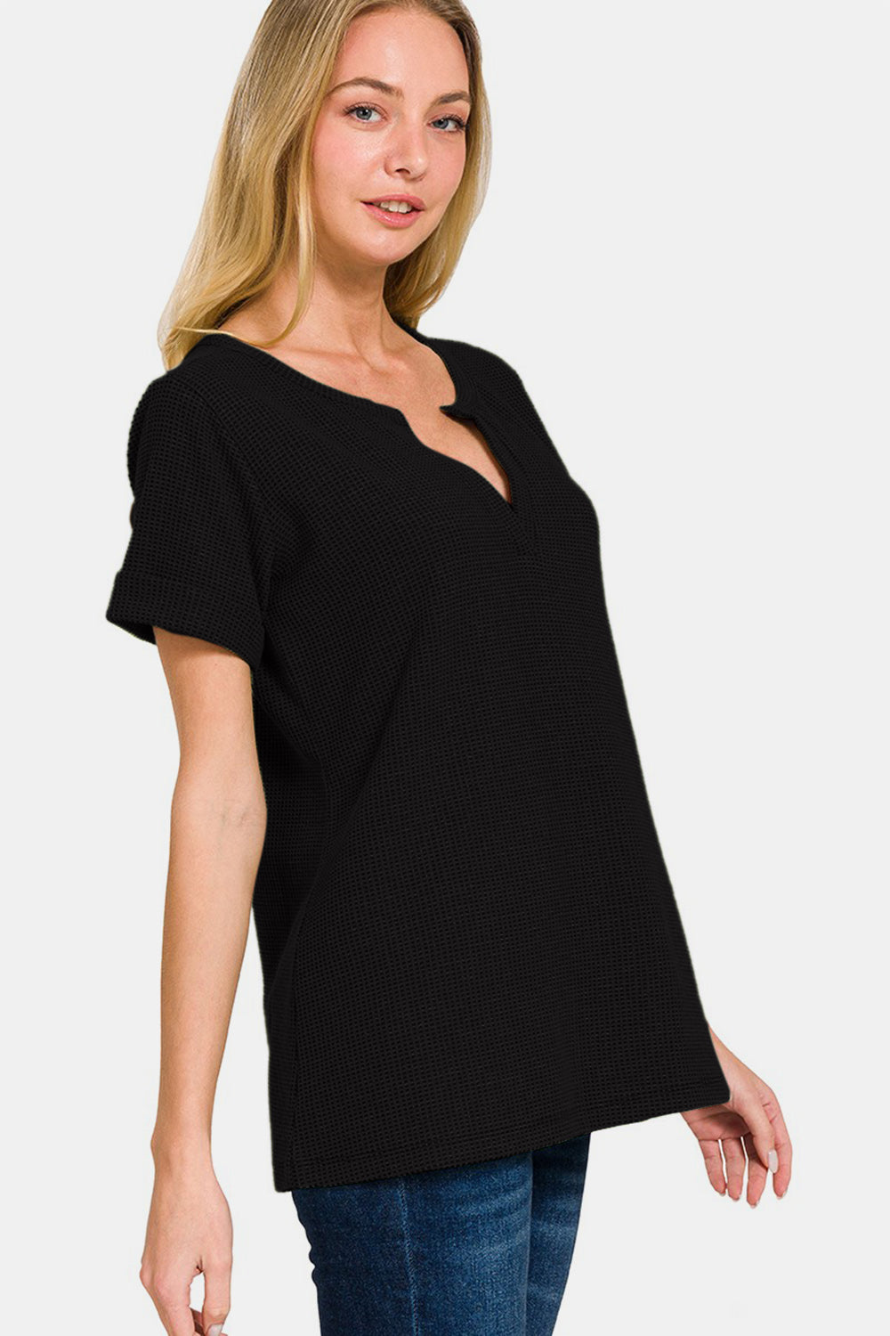 Zenana Notched Short Sleeve Waffle T-Shirt *