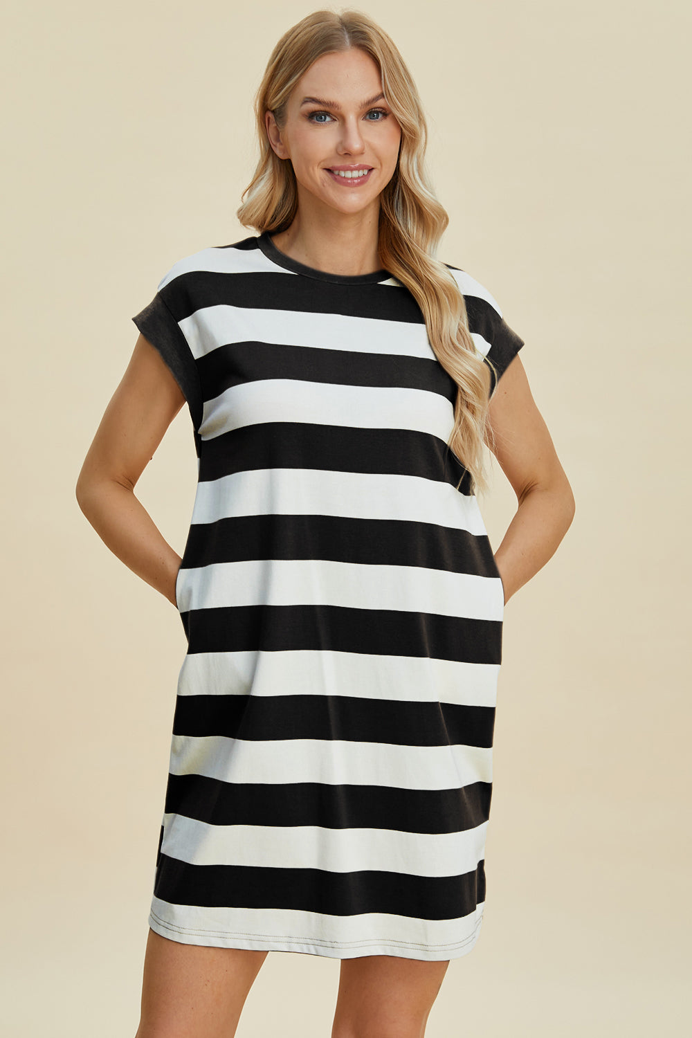 Basic Bae Full Size Striped Round Neck Cap Sleeve Mini Dress *