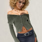 Double Take Ribbed Off-Shoulder Zip Up Long Sleeve Cardigan