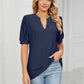 Eyelet Short Puff Sleeve Notched Neck Top