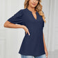 Eyelet Short Puff Sleeve Notched Neck Top