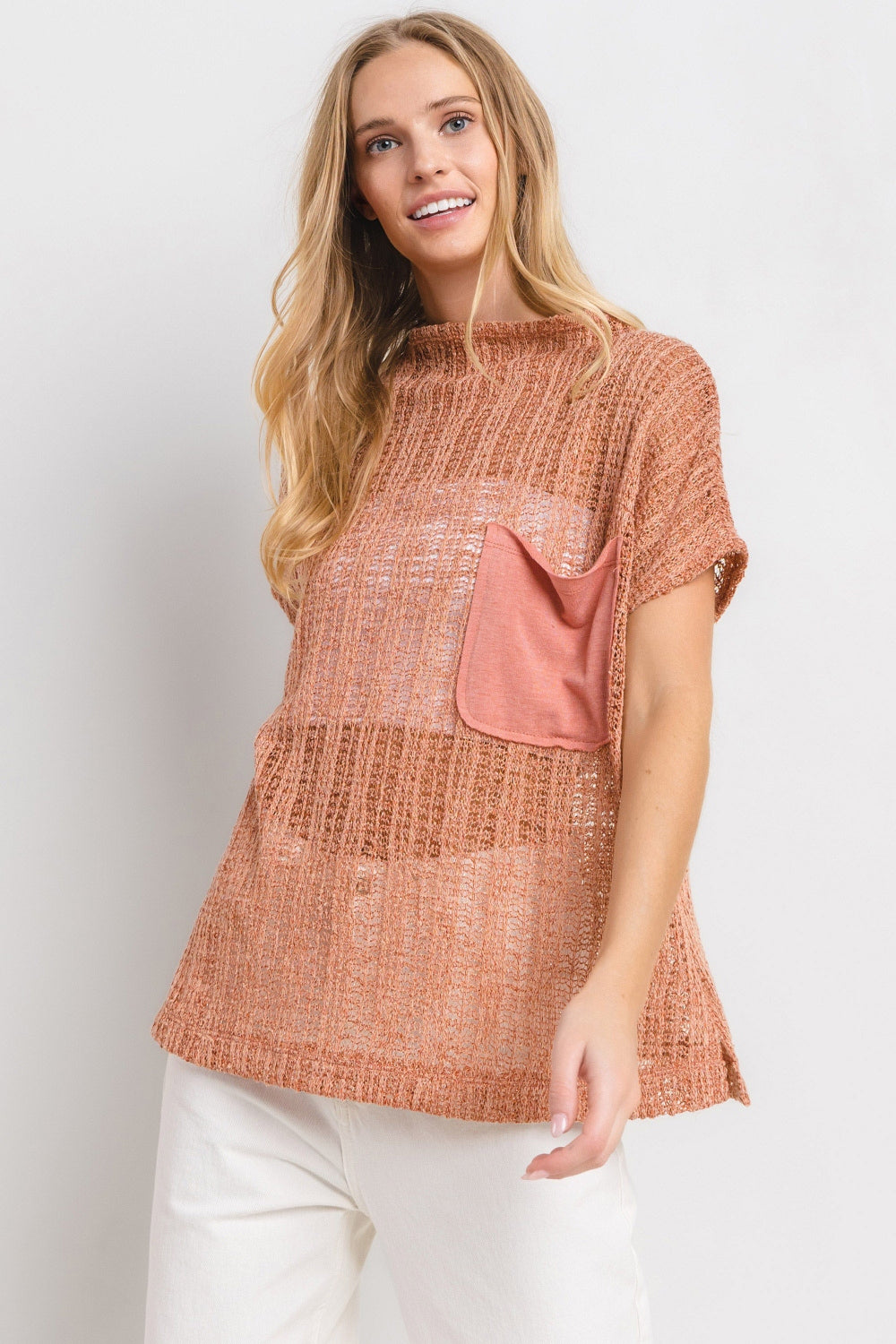 Ces Femme See Through Crochet Mock Neck Cover Up *