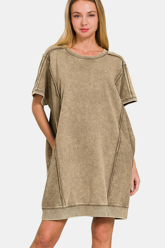 Zenana Mocha Brown Washed Exposed Seam Mini Tee Dress