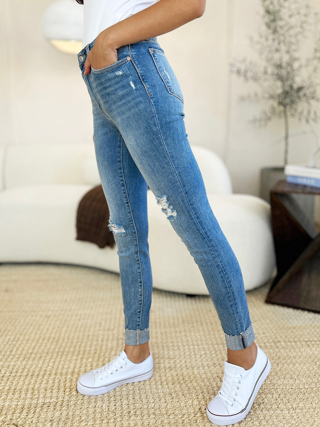 Judy Blue Full Size Mid Rise Destroy & Cuff Skinny Jeans *