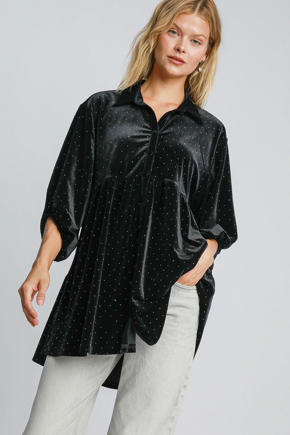 Umgee Full Size Polka Dot Button Up Half Sleeve Shirt *