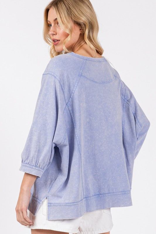 SAGE + FIG Mineral Washed Side Slit Round Neck Sweatshirt