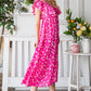 Reborn J Printed Fuchsia V-Neck Ruffle Trim Tiered Midi Dress