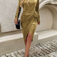 Devine Tied Boat Neck Long Sleeve Dress