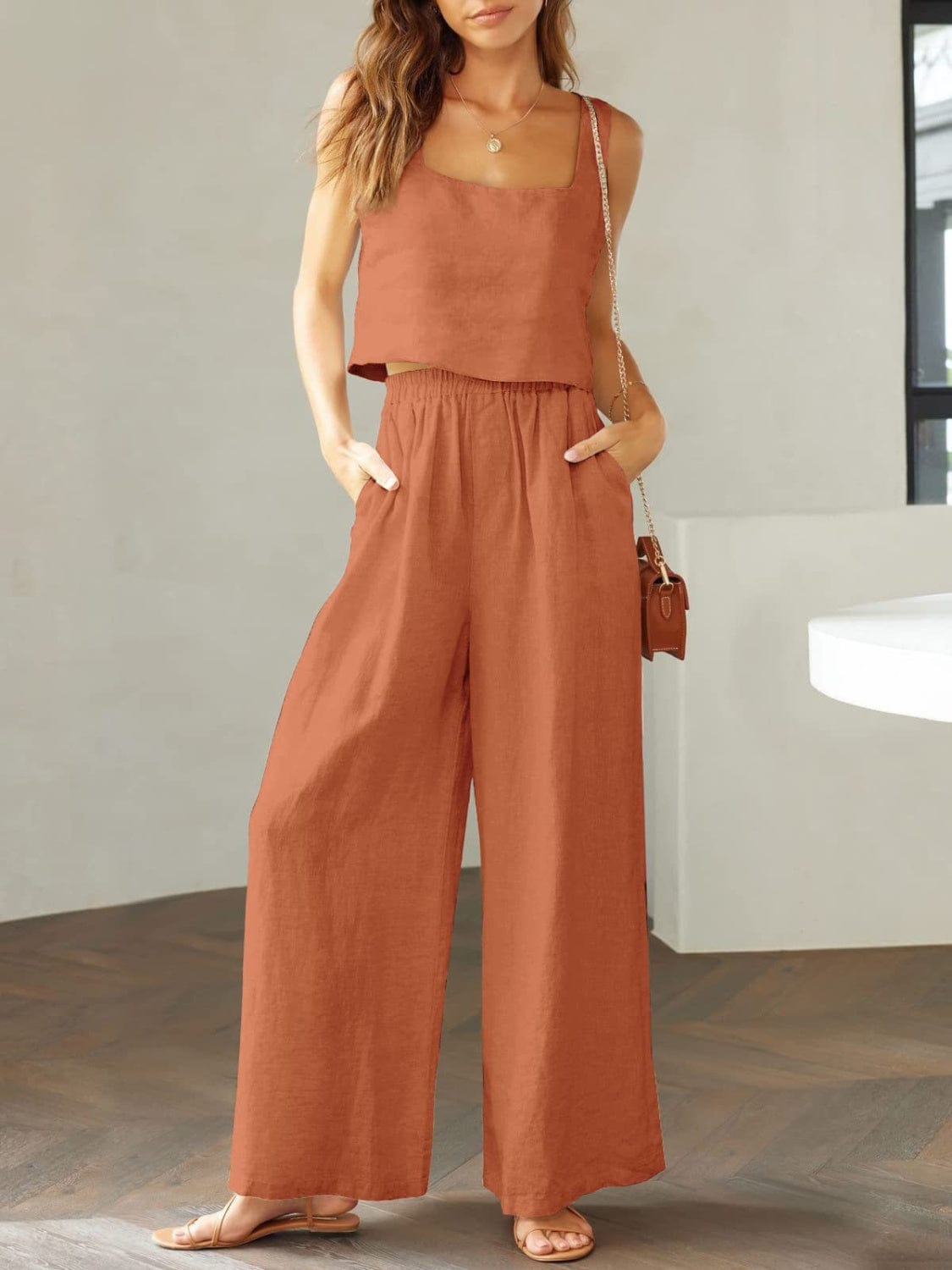 Full Size Square Neck Top and Wide Leg Pants Set