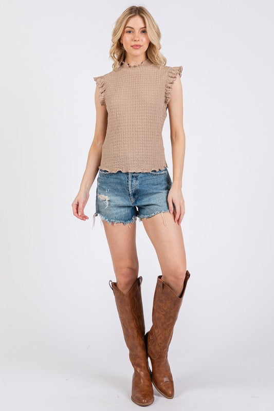 Ces Femme Texture Mock Neck Ruffle Cap Sleeve Blouse *
