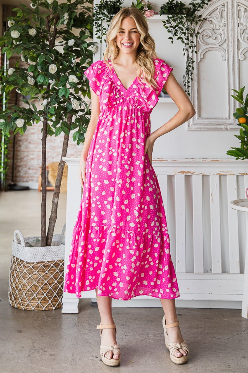 Reborn J Printed Fuchsia V-Neck Ruffle Trim Tiered Midi Dress