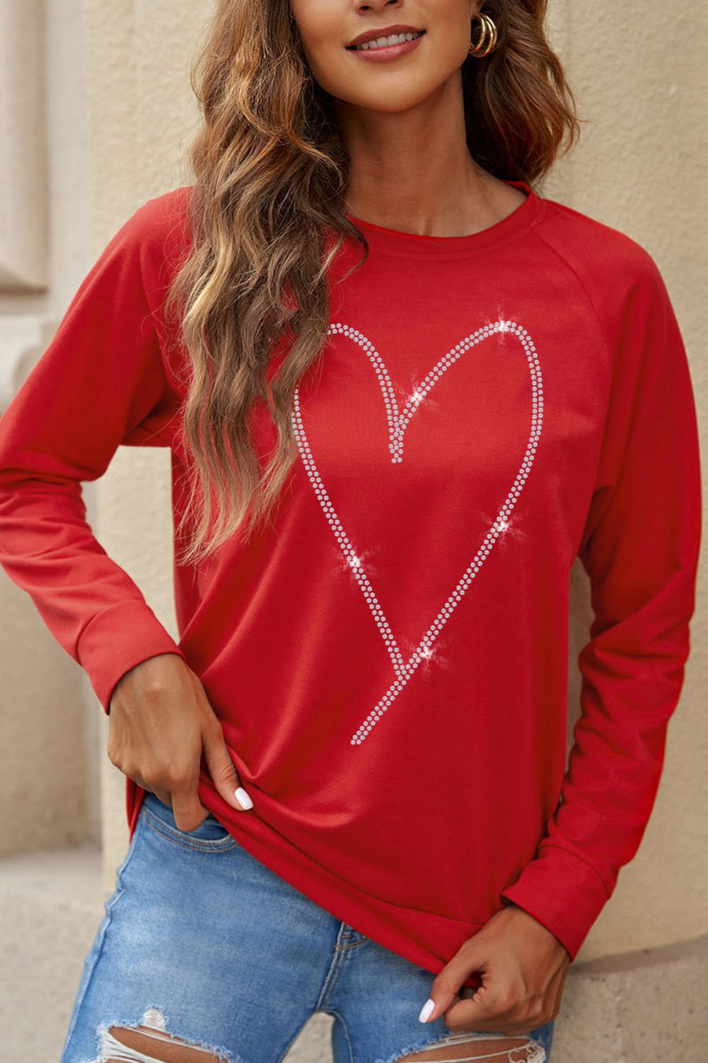 Valentine's Day Deep Red Rhinestone Heart Long Sleeve Sweatshirt