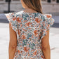 Printed Butterfly Sleeve Round Neck Blouse