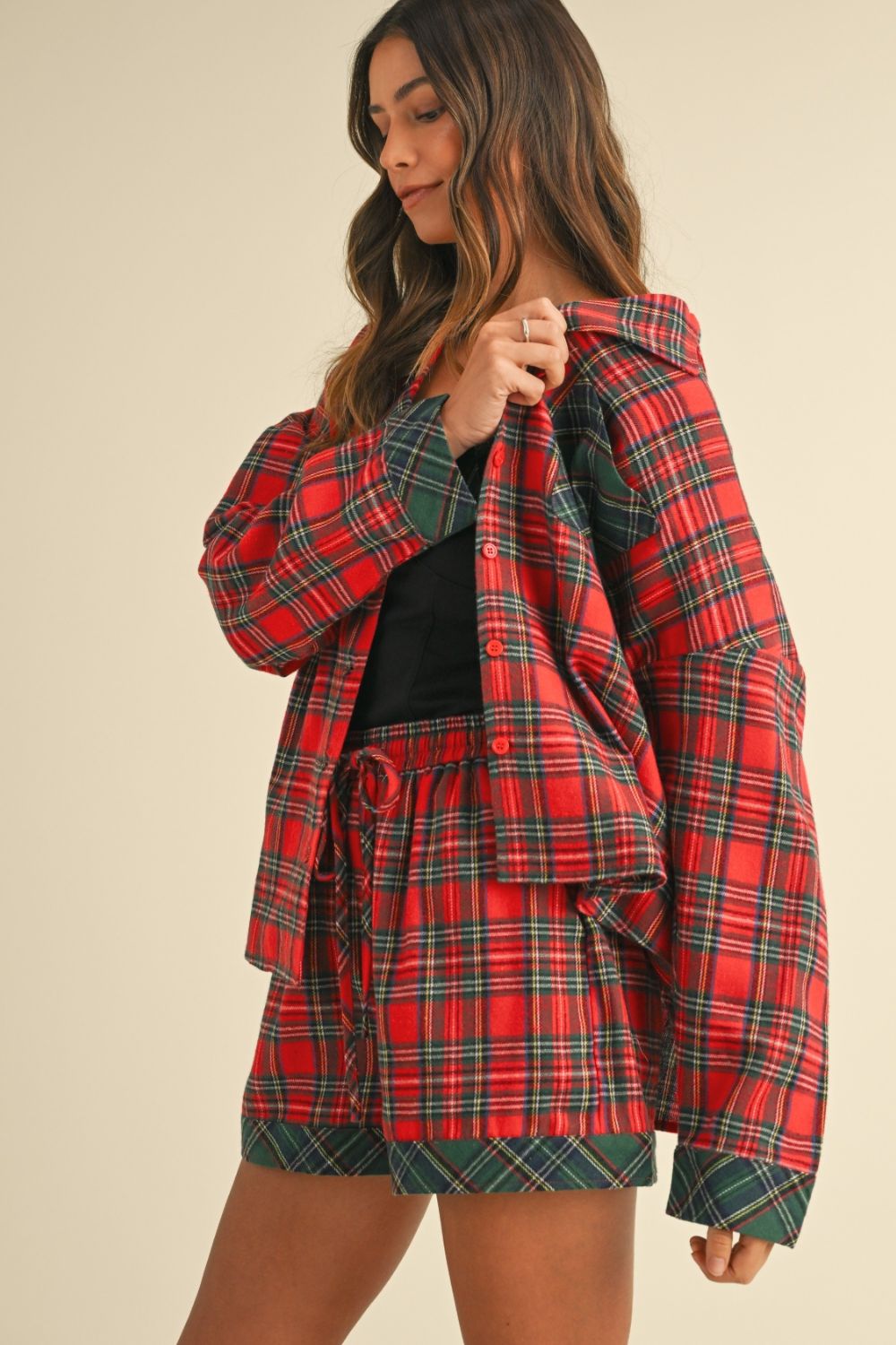 Annie Wear Contrast Plaid Long Sleeve Top and Shorts Set