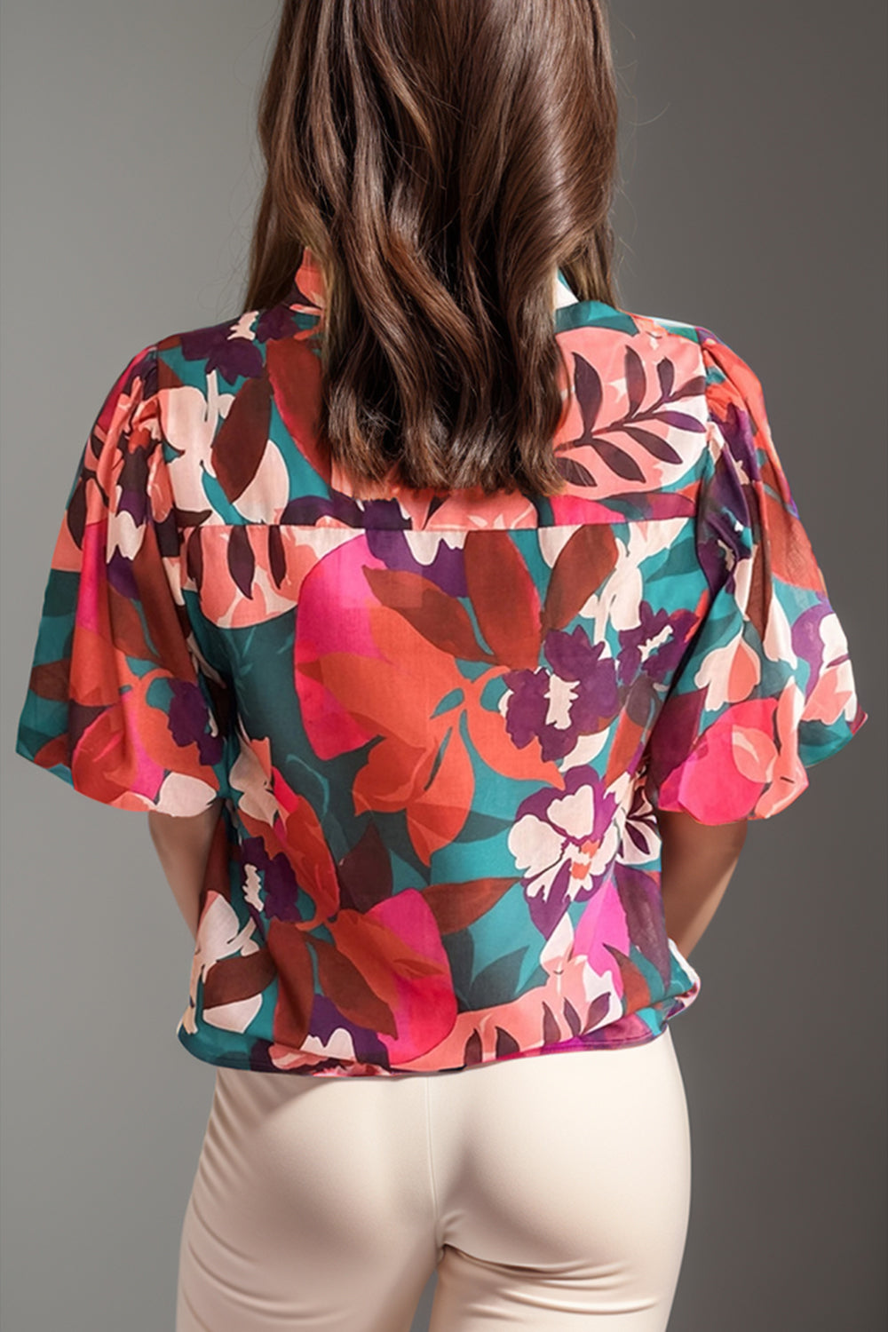 Printed Notched Puff Sleeve Blouse