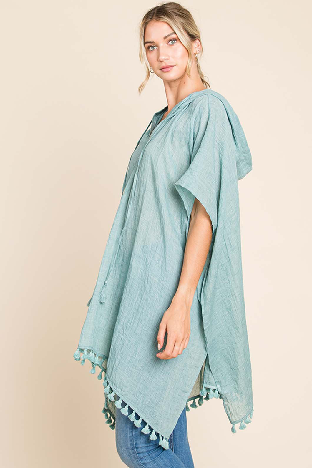 Cotton Bleu by Nu Label Tassel Hem Hooded Mint Cover Up