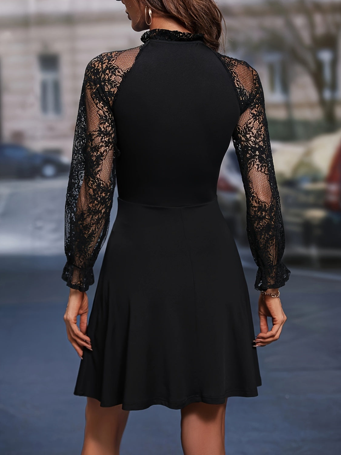 Full Size Lace Tie Neck Flounce Sleeve Dress