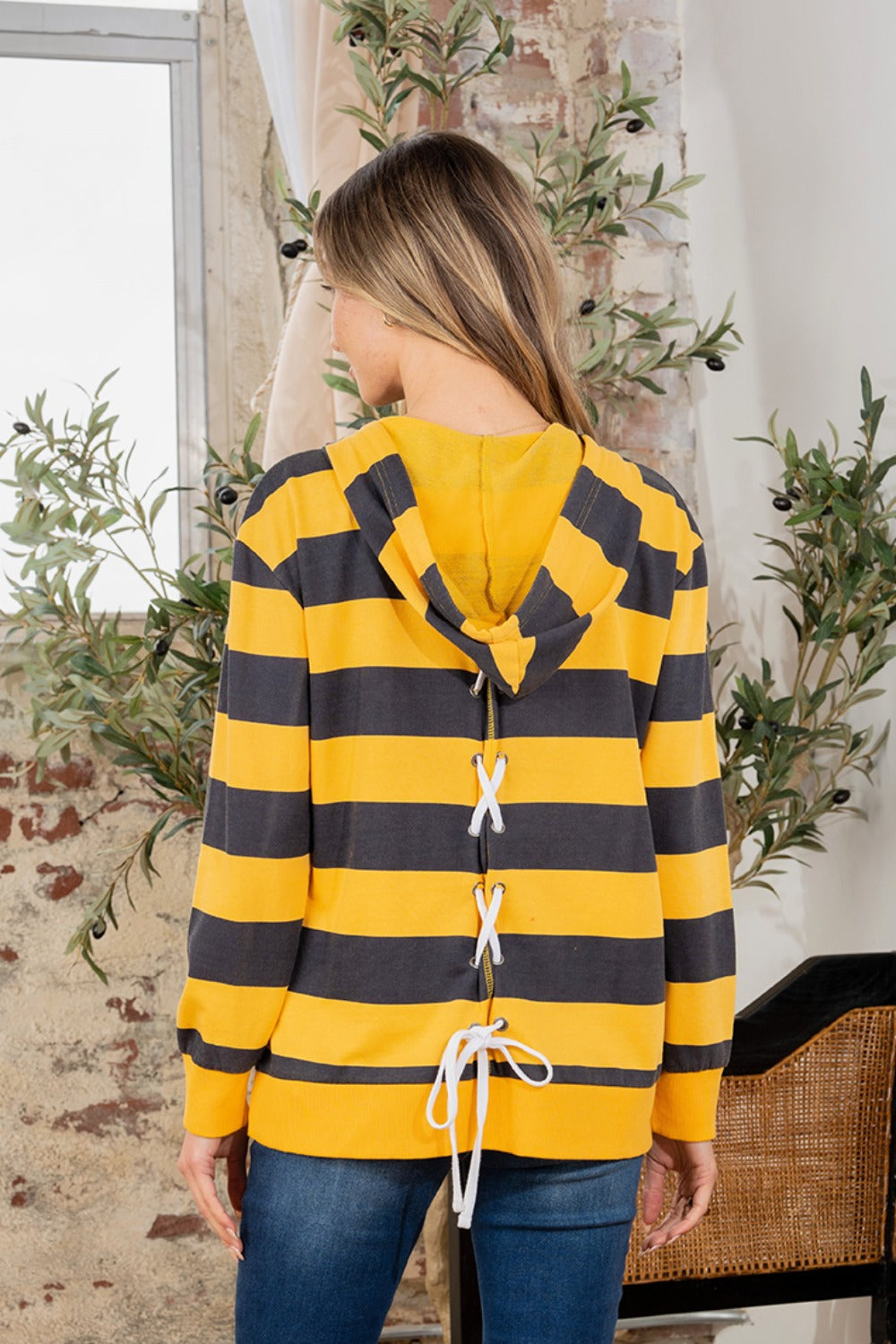 Sew in Love Full Size Drawstring Striped Long Sleeve Hoodie *