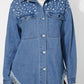 Raw Hem Pearl Trim Collared Neck Denim Top