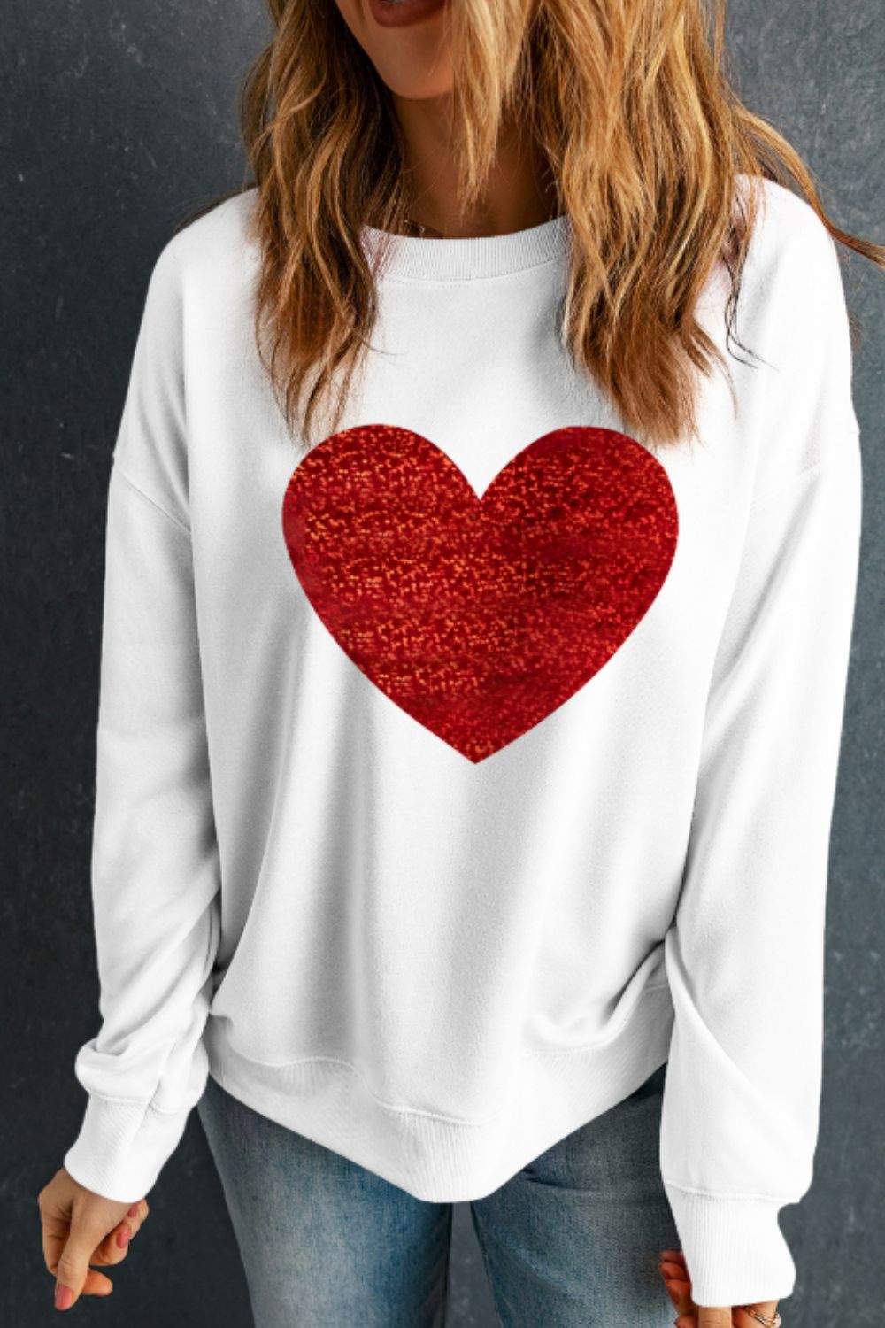 Valentine’s Day Heart White Round Neck Long Sleeve Sweatshirt